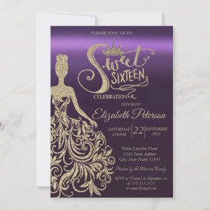 Kleid mit goldenem Glitter, Tiara, Lila Sweet 16 Einladung