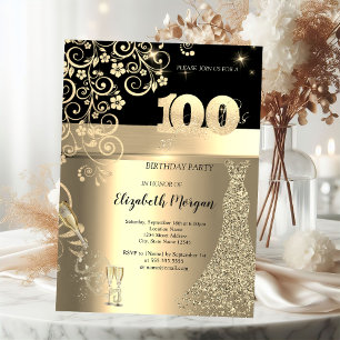 Kleid mit goldenen Pailletten Glasblumen 100. Gebu Einladung