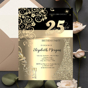 Kleid mit goldenen Pailletten Glasblumen 25. Gebur Einladung