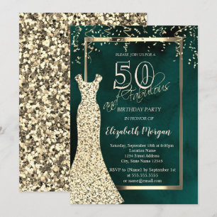 Kleid mit goldenen Pailletten Grüner 50. Geburtsta Einladung