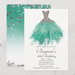 Kleid mit Teal- und Silberglitter-Glamour Sweet 16 Einladung