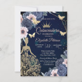 Kleid, Schmetterlinge Sterne Blau Blumen Quinceañe Einladung (Vorderseite)