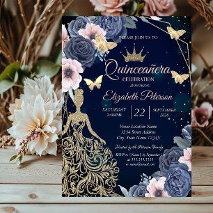 Kleid, Schmetterlinge Sterne Blaue Blumen Quinceañ Einladung