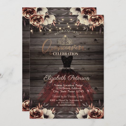 Kleid, Tiara, Lights Rote Rosen Holz Quinceañera Einladung (Vorne/Hinten)