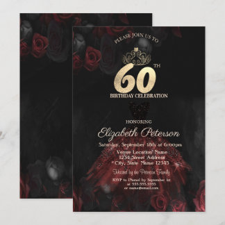 Kleid, Tiara, Rote Rosen 60. Geburtstag Einladung