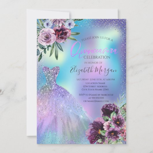 Kleid, violette Blume Holographische Quinceañera Einladung (Vorderseite)