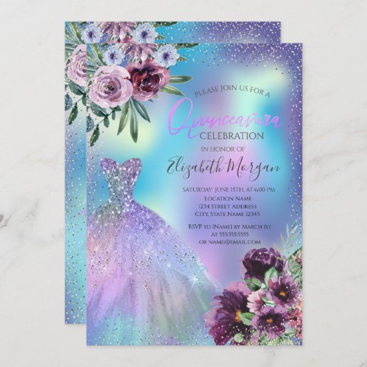 Kleid, violette Blume Holographische Quinceañera Einladung (Vorne/Hinten)