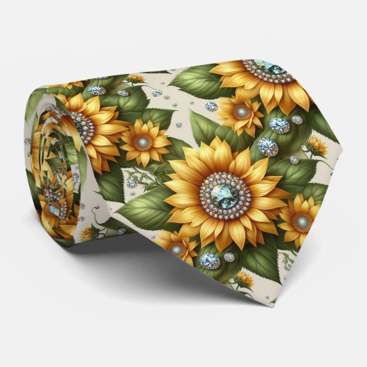 Kleide dich lässig | Sonnenblumen und Diamanten Krawatte (Gerollt)