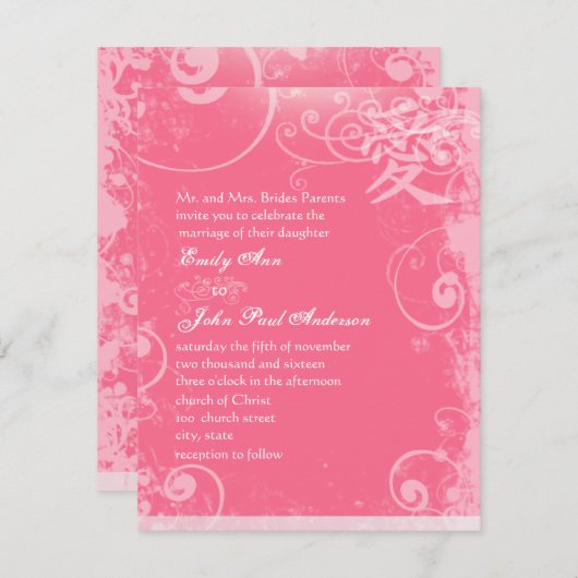 Kleine 4 x 5 rosa Kanji Liebe Swirl Hochzeit Einladung (Vorne/Hinten)
