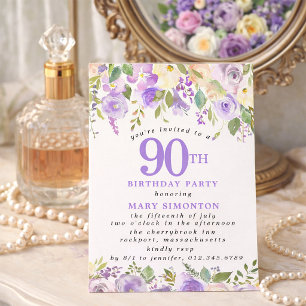 KLEINE 90. Geburtstagsfeier Lila Rosen Blumenstrau Einladung