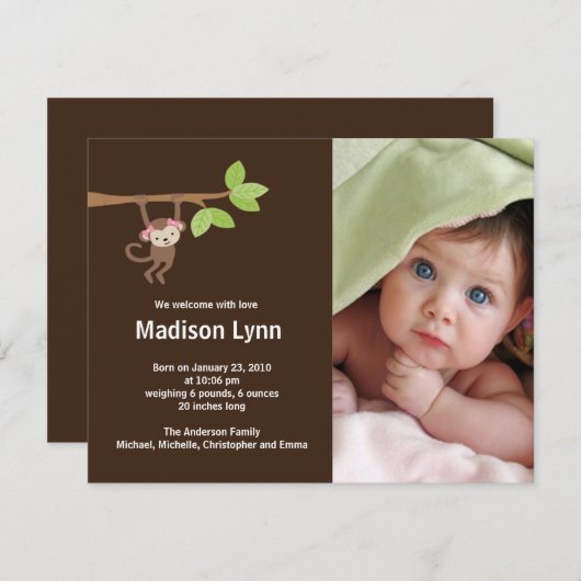 Kleine Affe-Baby-Mädchen-Geburts-Foto-Mitteilung Einladung (Vorne/Hinten)