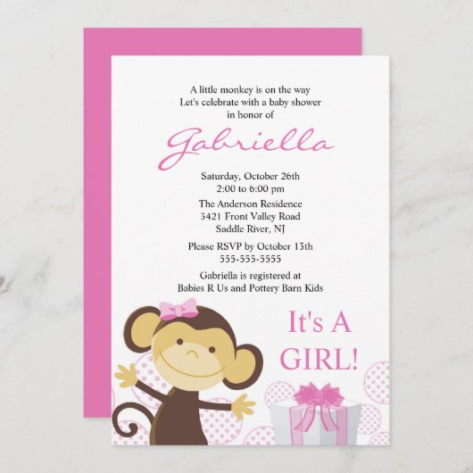 Kleine Affe-Mädchen-Babyparty-Einladung Einladung (Vorne/Hinten)