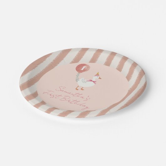 Kleine Alberne Gänse Pink Ballon Girl 1. Geburtsta Pappteller (Schrägansicht)
