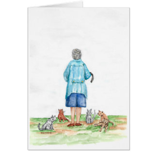 Kleine alte Dame und Katzen