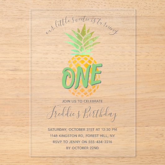Kleine Ananas 1. Geburtstag Acryleinladungen (Vorderseite)