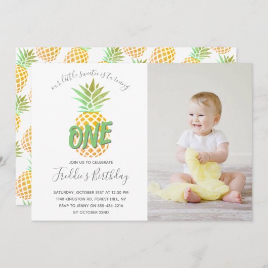 Kleine Ananas 1. Geburtstag Foto Einladung (Vorne/Hinten)