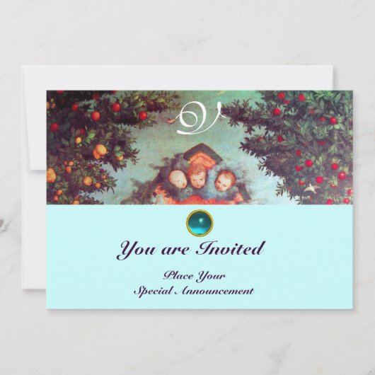 KLEINE ANGELS MONOGRAM hell antikblau rot Einladung (Vorderseite)