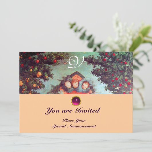 KLEINE ANGELS MONOGRAM hell antikes blaues Rosa Einladung (Stehend Vorderseite)