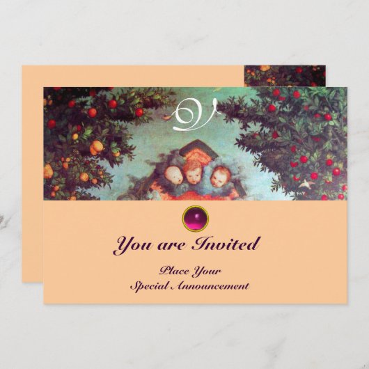 KLEINE ANGELS MONOGRAM hell antikes blaues Rosa Einladung (Vorne/Hinten)