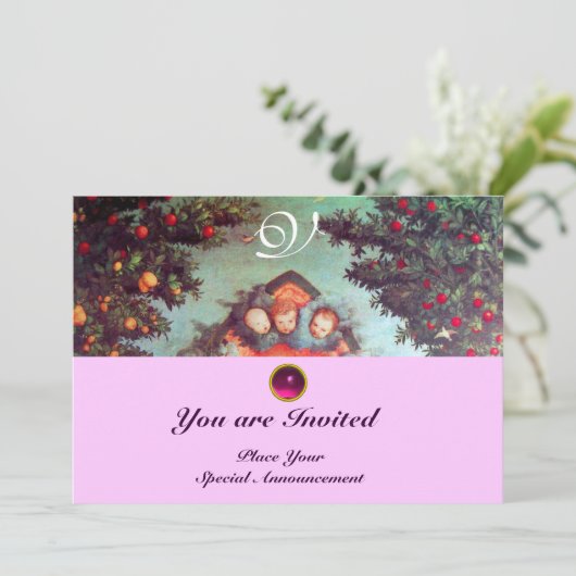 KLEINE ANGELS MONOGRAM hell antikes blaues Rosa Einladung (Stehend Vorderseite)