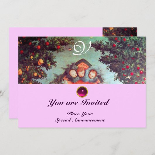 KLEINE ANGELS MONOGRAM hell antikes blaues Rosa Einladung (Vorne/Hinten)