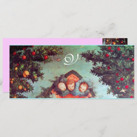 KLEINE ANGELS MONOGRAM hell antikes blaues Rosa Einladung (Vorne/Hinten)