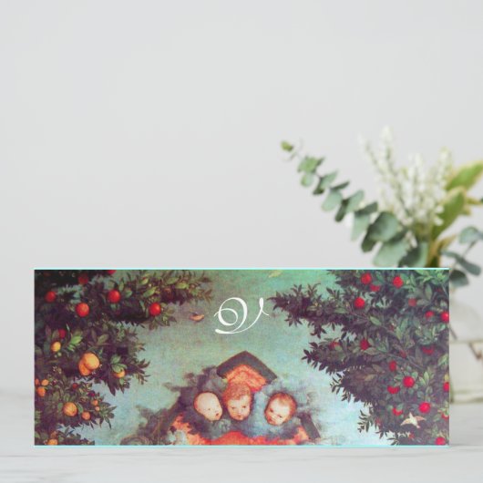 KLEINE ANGELS MONOGRAM hell antikes blaues Rosa Einladung (Stehend Vorderseite)