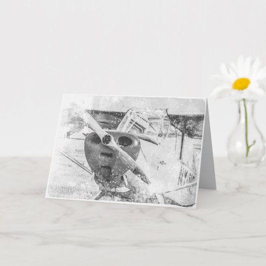 Kleine antike Biplane in Schwarz und Weiß Karte (Kleine Pflanze)