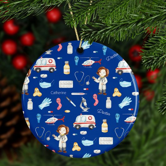 Kleine Ärztin mit dem Namen, blau Keramik Ornament