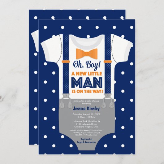 Kleine Babydusche, Navy Blue und Orange Einladung (Vorne/Hinten)