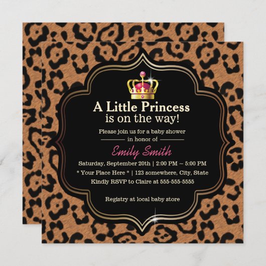 Kleine Babyparty Prinzessin-Crown Leopard Print Einladung (Vorne/Hinten)