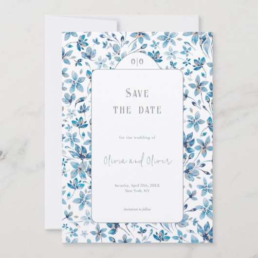 Kleine blaue Blumen Hochzeiten speichern das Datum Einladung (Vorderseite)
