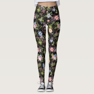 Kleine Blume-Overlay-Muster Schwarz BG Leggings