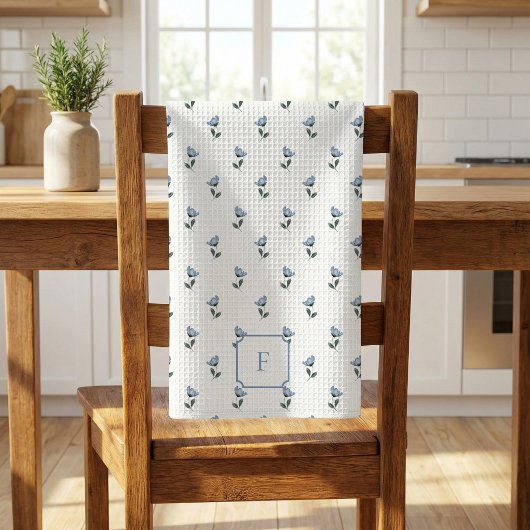 Kleine Blumen-Wasserfarbe Blaue Blumen-Monogramm Geschirrtuch
