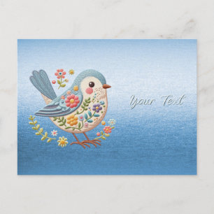 Kleine Blumenstickerei Vogel Blau Postkarte
