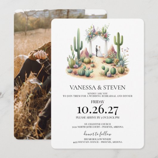 Kleine Boho-Kaktus-Hochzeitsprobe-Dinner Einladung (Vorne/Hinten)