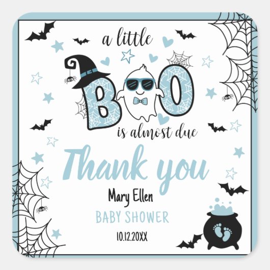 KLEINE BOO BLUE HALLOWEEN BABY SHOWY DANKE QUADRATISCHER AUFKLEBER (Vorderseite)