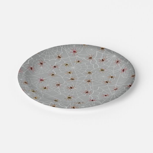 Kleine braune Spinnen auf grauen und weißen Webs Pappteller (Schrägansicht)