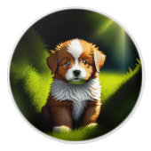 Kleine braune und weiße Welpe Keramikknauf (Vorderseite)