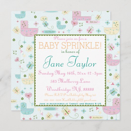 Kleine Buggy Baby Sprinkle Einladung (Vorne/Hinten)