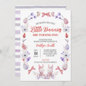 Kleine Bunnies drehen eins, florale Twins Geburtst Einladung (Vorne/Hinten)