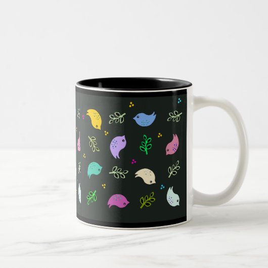 Kleine bunte Vogelmuster auf schwarz Zweifarbige Tasse (Rechts)