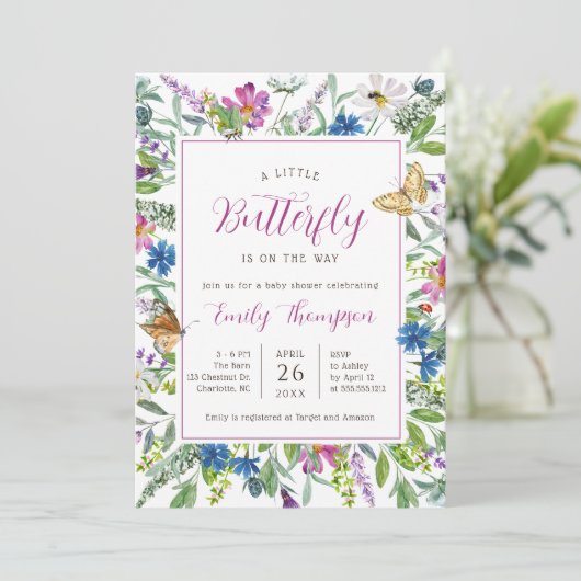 Kleine Butterfly Spring Wildblume Babydusche Einladung (Stehend Vorderseite)