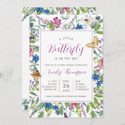 Kleine Butterfly Spring Wildblume Babydusche Einladung (Vorne/Hinten)