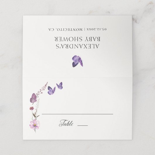 Kleine Butterfly Wildblumen Lila Babydusche Platzkarte (Außenseite Aufgefaltet)