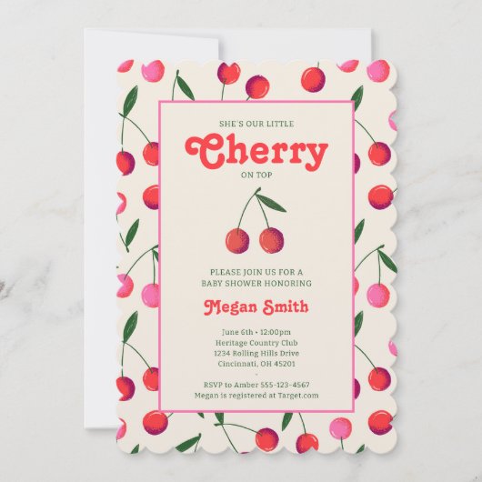 Kleine Cherry Retro Girl Babydusche Einladung: Elf Einladung (Vorderseite)