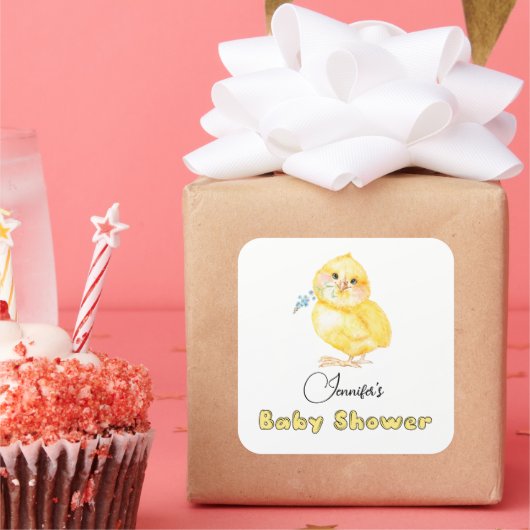 Kleine Chick Floral Baby Dusche Quadratischer Aufkleber (Party)