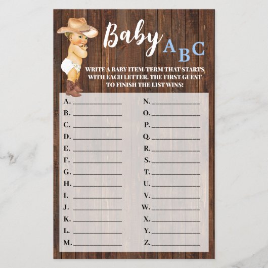 Kleine Cowboy Baby ABC Baby Shower Game Card Flyer (Vorne)