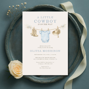 Kleine Cowboy-Blau-Wäscheleine-Junge-Baby-Party Einladung