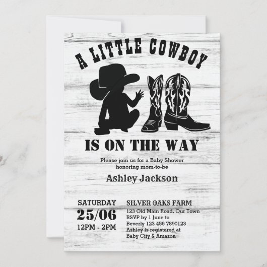 Kleine Cowboy-rustikale schwarz-weiße Babydusche Einladung (Vorderseite)